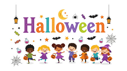 Fototapeta premium Happy Halloween Kids Celebration: A vibrant illustration depicts a diverse group of happy children in festive costumes celebrating Halloween, with pumpkins, candy, and spooky elements.