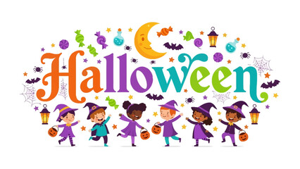 Fototapeta premium Halloween Celebration: A vibrant illustration depicts a joyful group of diverse children in Halloween costumes, carrying candy buckets, dancing under a crescent moon.