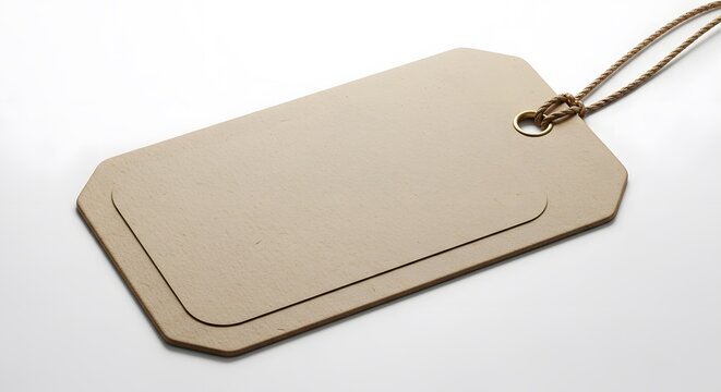 Blank cardboard price tag with string lies on white surface featuring octagonal corners and textured paper material for branding and sales concepts.