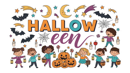 Fototapeta premium Happy Halloween Scene: A cheerful illustration of children celebrating Halloween, surrounded by pumpkins, bats, and festive decorations. This scene captures the fun and excitement of the holiday.
