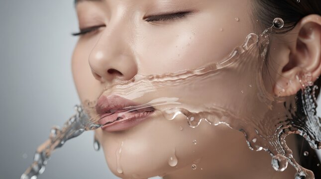 A close-up of a woman's face with closed eyes as a splash of clear water flows across her skin.