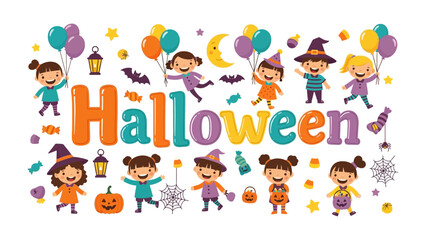 Fototapeta premium Happy Halloween: A vibrant and playful illustration depicting children dressed in costumes, surrounded by pumpkins, balloons, and festive decorations.