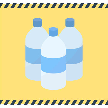 保存水のイラスト。3本のペットボトル飲料水のフラットデザインアイコン。Disaster prevention water illustration. Three plastic bottles icon.