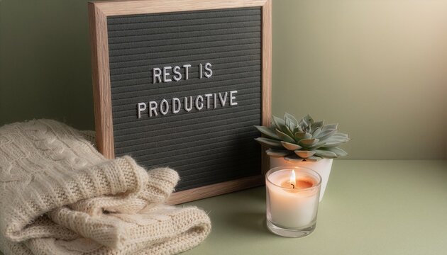 Rest is productive quote on letterboard with cozy sweater and candle