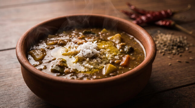 Steaming hot Odia dalma lentil vegetable stew in clay bowl