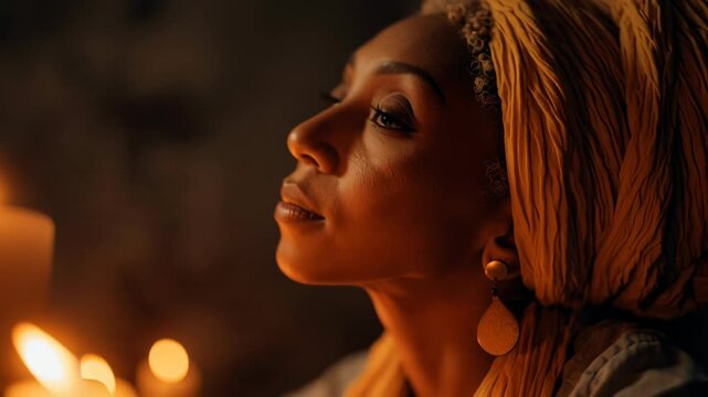 African American woman in traditional headwrap reflecting by candlelight