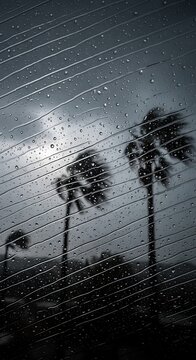 Rainstorm with Lightning and Palm Trees Silhouette at Night.