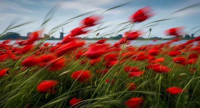 Vivid Red Poppies Blooming in a Windy Field.