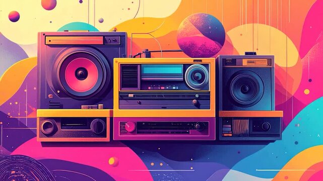 Colorful retro electronic devices displayed with vibrant abstract background