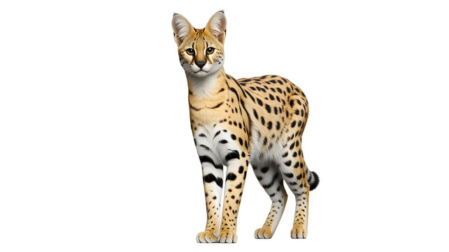 Full length portrait of an alert serval wild cat with spotted coat standing predator wildlife isolated portrait standing creature carnivore predatory graceful