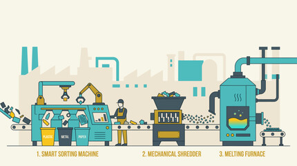 Obraz premium Modern Waste Recycling Process Vector Illustration with Smart Sorting Machine, Mechanical Shredder, and Melting Furnace.