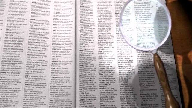 Open Old Book with Magnifying Glass on Pages, Symbolizing Reading, Research, Education, Learning, Dictionary Study, Religious Scripture, Bible Knowledge, and Discovery of Text Meaning