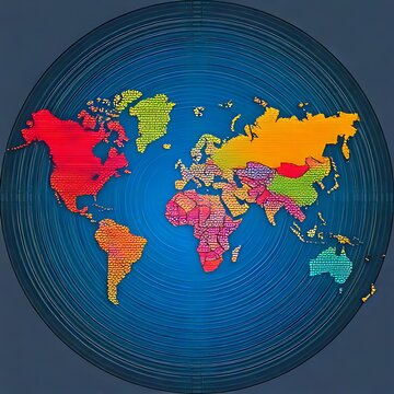 Textured world map with concentric blue background circles