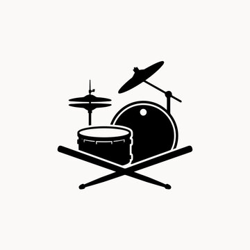 Drum set silhouette with cymbals and drumsticks on white background