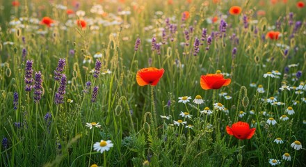Vibrant wildflowers and lush green grass glow under a soft golden light, capturing the essence of perpetual renewal and inner tranquility, renewal, glow, green
