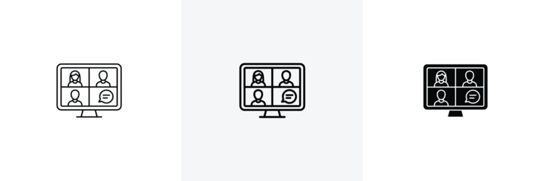 Online video conference icon displaying multiple user profiles and chat bubbles on a monitor.