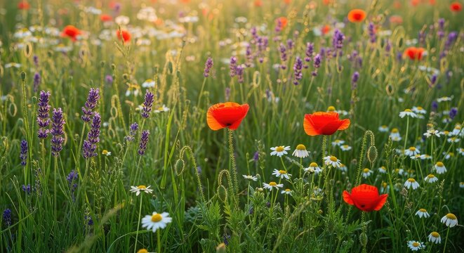 Vibrant wildflowers and lush green grass glow under a soft golden light, capturing the essence of perpetual renewal and inner tranquility, renewal, glow, green