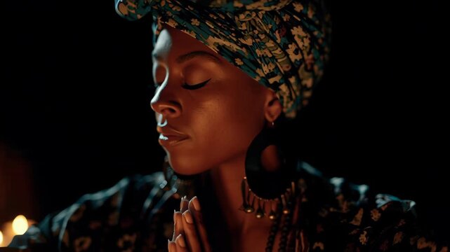 African American woman deeply meditates or prays by candlelight, hands clasped. Her serene expression and headwrap create a spiritual and reflective scene in the dark.