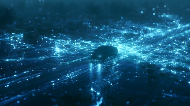 Abstract Futuristic Smart Mobility V2X Interface with Glowing Cyan and Blue Cybernetic Data Network Trails
