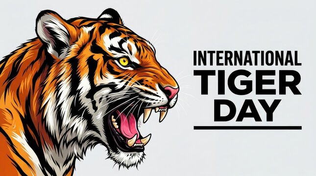 International Tiger Day poster displaying an aggressive roaring tiger illustration side profile view on light background
