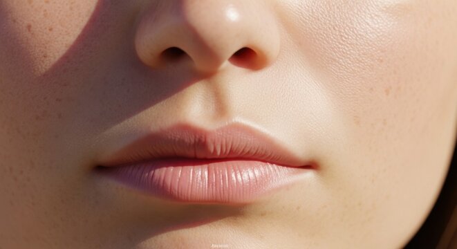 Extreme Close Up of Young Woman's Natural Skin with Freckles and Pink Lips for Skincare and Beauty Concepts