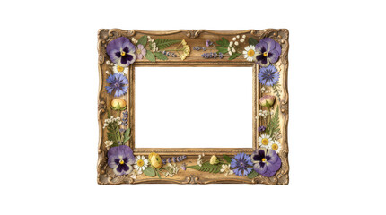 Obraz premium Vintage gold picture frame decorated with colorful flowers isolated on transparent background