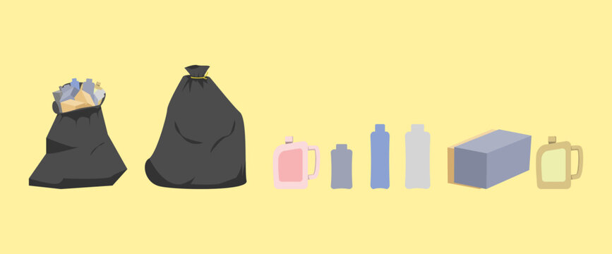 Set of garbage bags and plastic bottle containers waste collection, black trash bags and recyclable plastic items for environmental concept, flat vector icon set