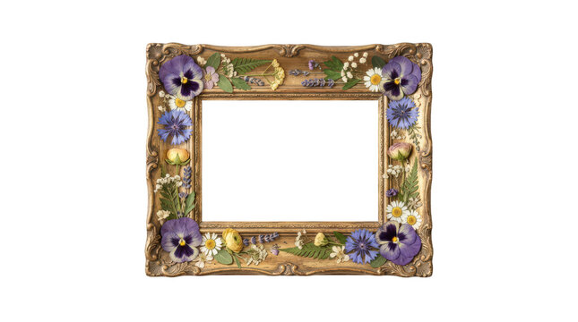 Vintage gold picture frame decorated with colorful flowers isolated on transparent background
