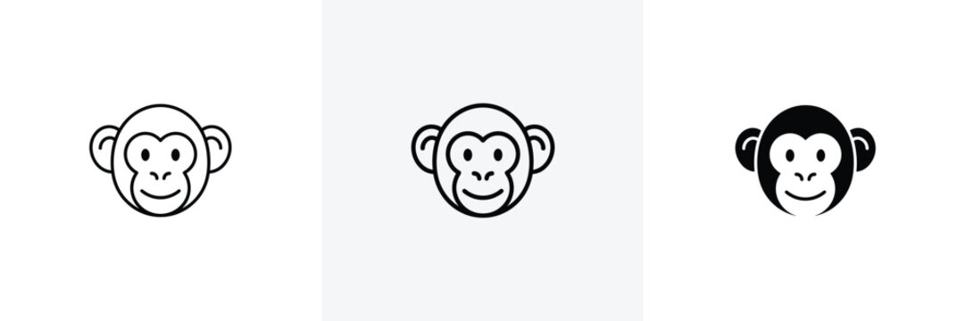 Monkey face icon set in three distinct styles representing primate head design.
