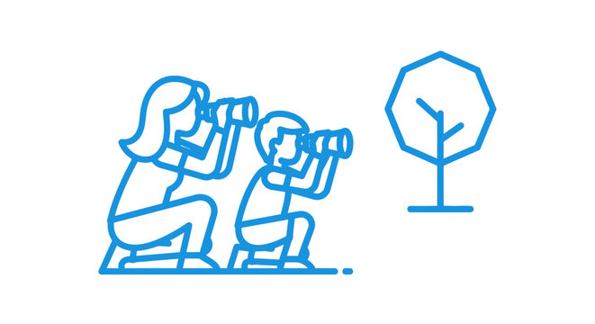Mother and child using binoculars to observe nature.