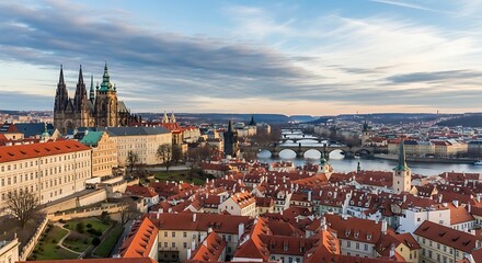 Obraz premium Panoramic View of Prague Cityscape with Historic Architecture and River Scene.