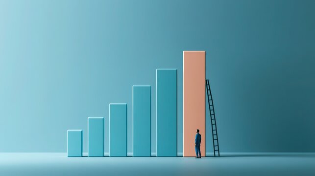 Flat graphic artwork with blue base surface, six rising vertical rectangular blocks, five pastel blue rectangles plus tallest pale orange block, dark ladder leaning on orange block
