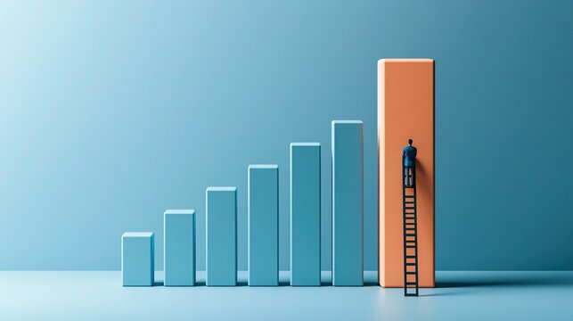 Flat graphic artwork with blue base surface, six rising vertical rectangular blocks, five pastel blue rectangles plus tallest pale orange block, dark ladder leaning on orange block