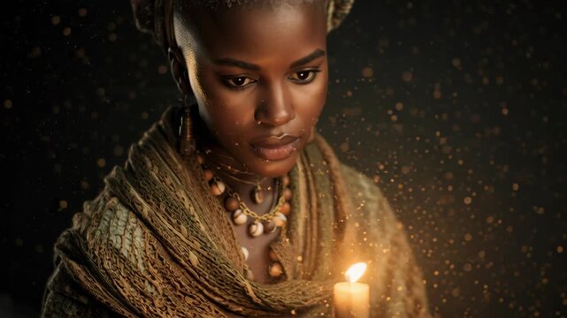 African Woman Holding Candle for Celebration and Remembrance Ritual