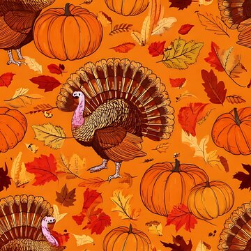 Thanksgiving harvest pattern turkey, pumpkins, leaves