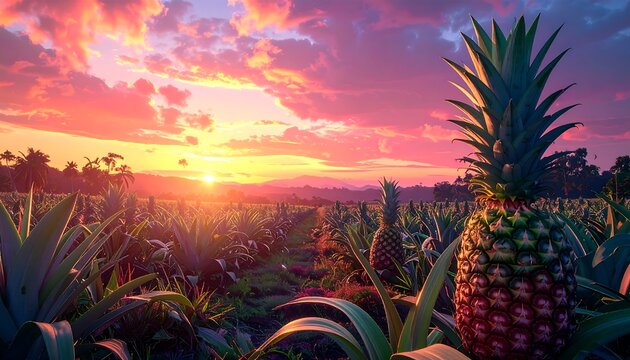 Tropical pineapple field at sunset with vibrant sky