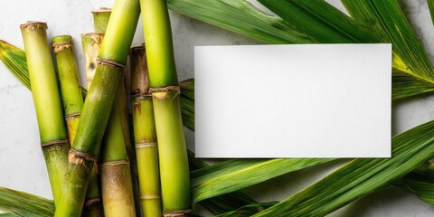 Fototapeta premium Fresh sugarcane stalks and blank white card on green foliage background
