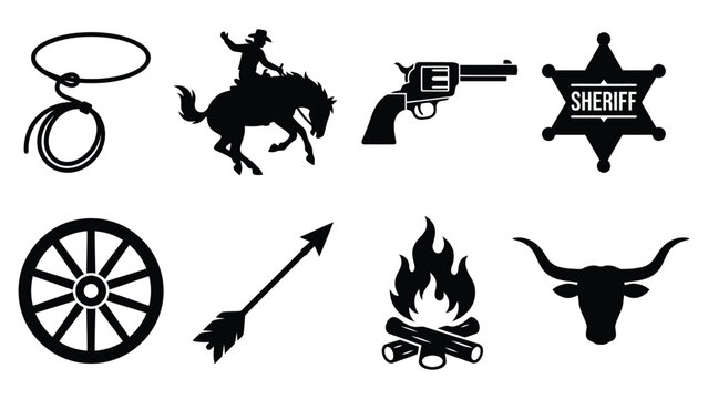 Wild West cowboy vector clipart set with sheriff badge, lasso, horse, revolver, and campfire icons
