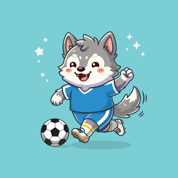 Cute Wolf Soccer Player Mascot Character Running with Football Cartoon Illustration