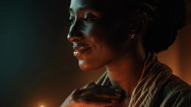 Serene woman meditating with hand on chest by a burning candle in a dark room.