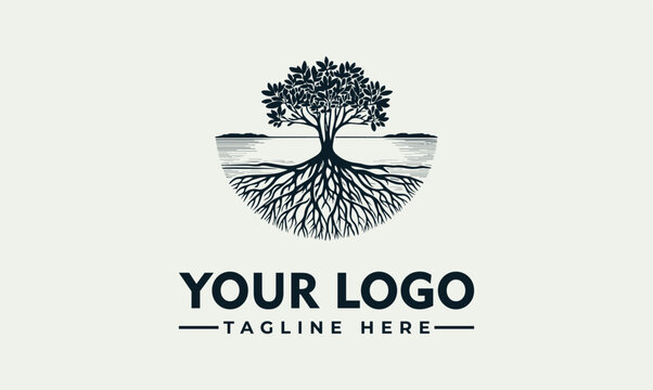 Mangrove tree and coastal riverbank badge vector logo illustration