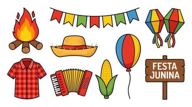 Colorful flat icon set of festa junina celebration elements with accordion bonfire lantern and hat vector isolated.