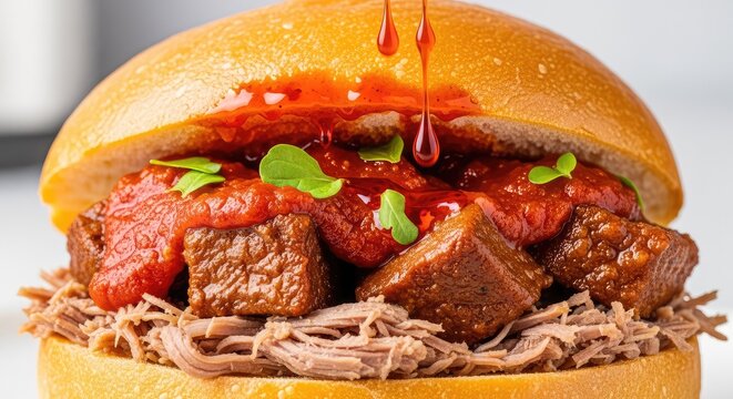 Detailed close-up of a pork sandwich drenched in savory tomato sauce, with spicy red droplets falling from the golden crusty bread roll, close-up, flavored, traditional