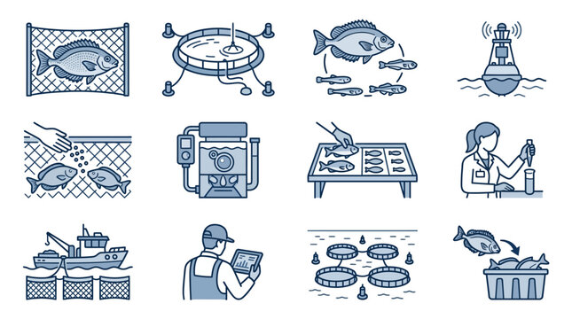 Aquaculture fish farming and marine research blue icons.