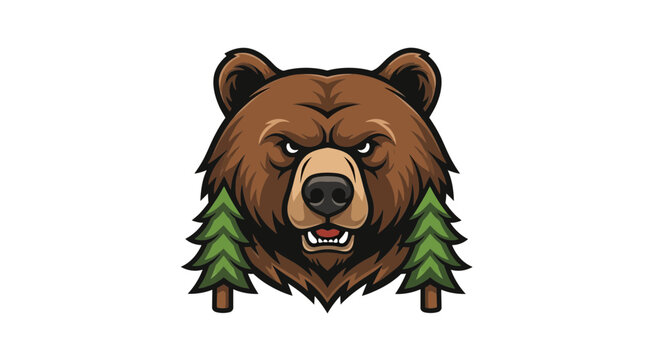 Aggressive bear head with pine trees and white background illustration