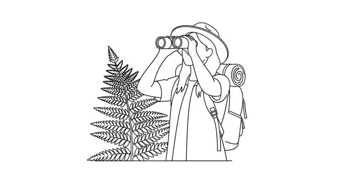 Illustrated hiker with binoculars and backpack exploring nature.