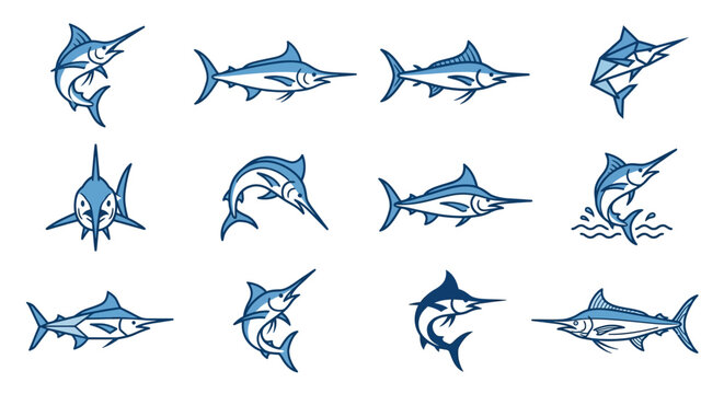 Blue marlin and swordfish line icons set.