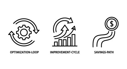 Obraz premium Business growth and financial savings outline icons with optimization improvement business progress management strategy investment development financial analytics performance increase