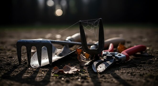 Damaged Gardening Tools and Equipment on Soil Ground.