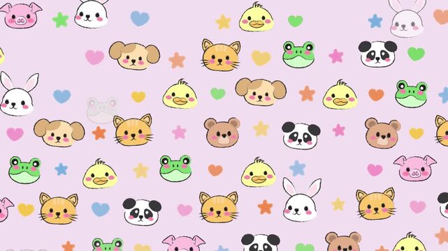 Adorable cute kawaii cartoon animated pattern with backdrop floating stars. Delightful assortment of sweet whimsical baby animal faces characters seamless looping animation background. Motion graphics